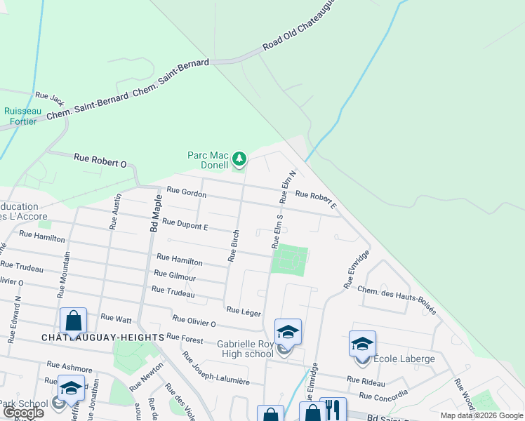 map of restaurants, bars, coffee shops, grocery stores, and more near 198 Rue Gordon in Châteauguay