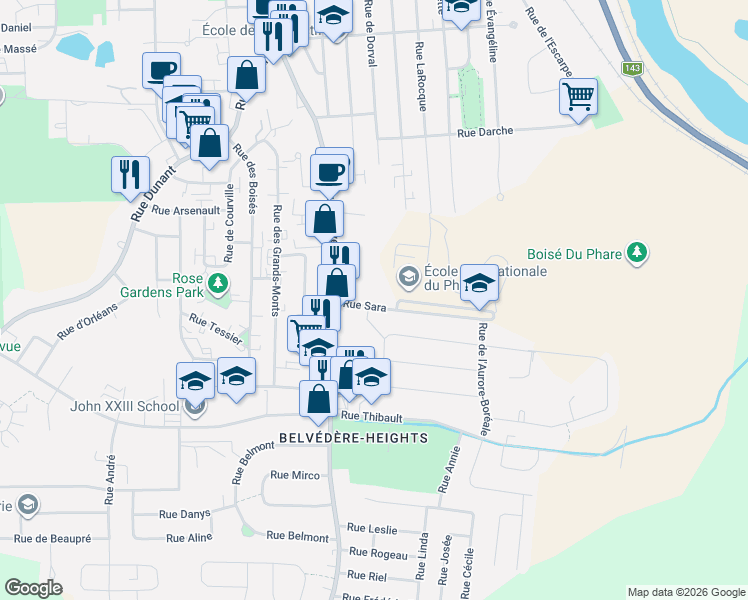 map of restaurants, bars, coffee shops, grocery stores, and more near 519 Rue Sara in Sherbrooke