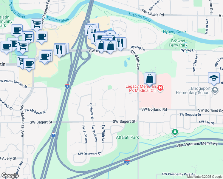 map of restaurants, bars, coffee shops, grocery stores, and more near 6885 Southwest Napa Court in Tualatin
