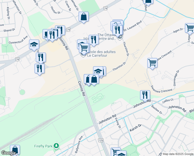 map of restaurants, bars, coffee shops, grocery stores, and more near 2120 Thurston Drive in Ottawa