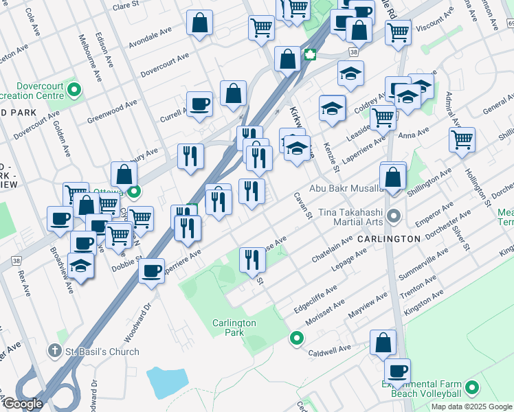 map of restaurants, bars, coffee shops, grocery stores, and more near 1479 Laperriere Avenue in Ottawa