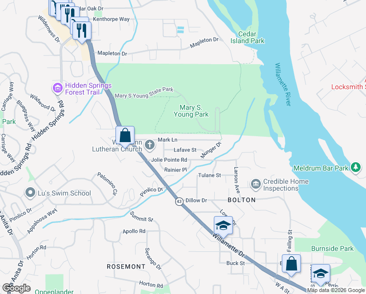 map of restaurants, bars, coffee shops, grocery stores, and more near 2715 Jolie Pointe Road in West Linn