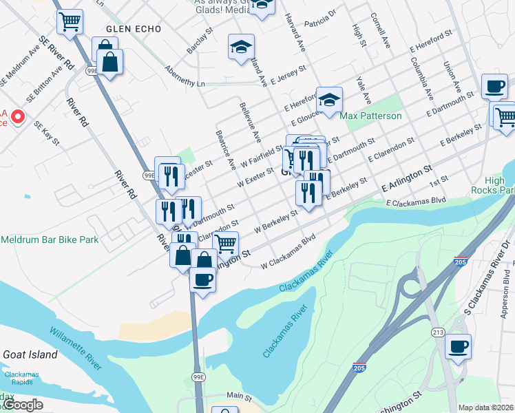 map of restaurants, bars, coffee shops, grocery stores, and more near 315 West Clarendon Street in Gladstone