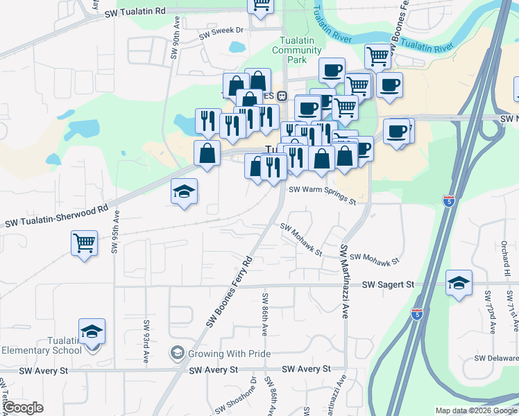 map of restaurants, bars, coffee shops, grocery stores, and more near 19545 Southwest Boones Ferry Road in Tualatin