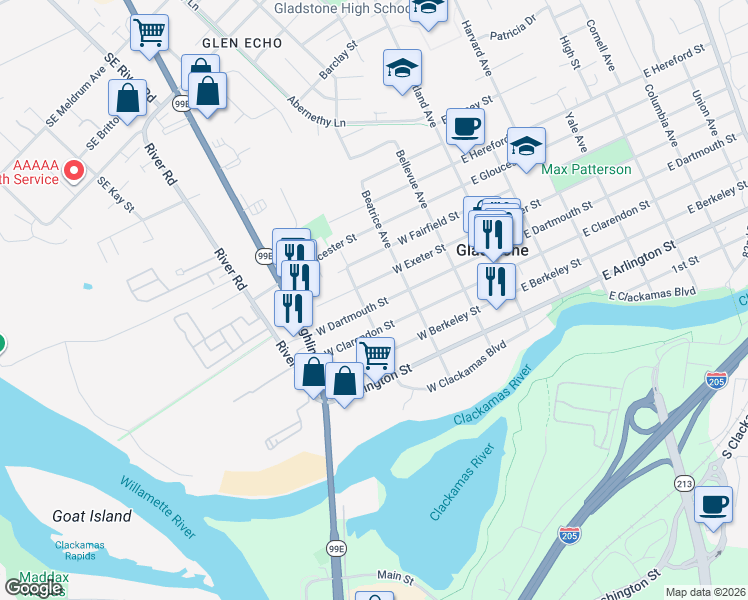 map of restaurants, bars, coffee shops, grocery stores, and more near 384 West Dartmouth Street in Gladstone