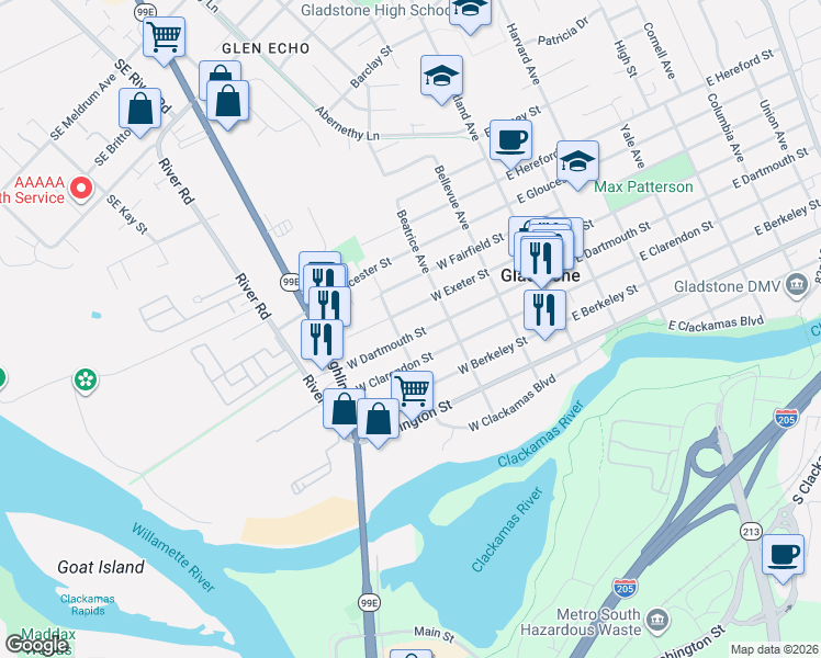 map of restaurants, bars, coffee shops, grocery stores, and more near 384 West Dartmouth Street in Gladstone