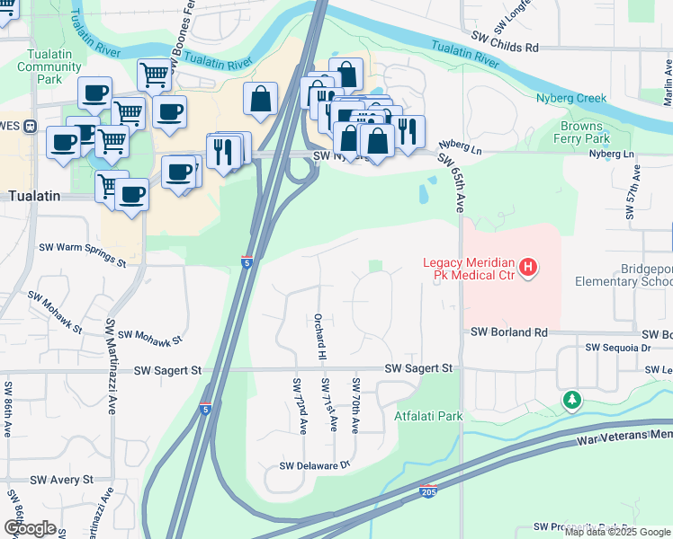 map of restaurants, bars, coffee shops, grocery stores, and more near 7157 Southwest Sagert Street in Tualatin
