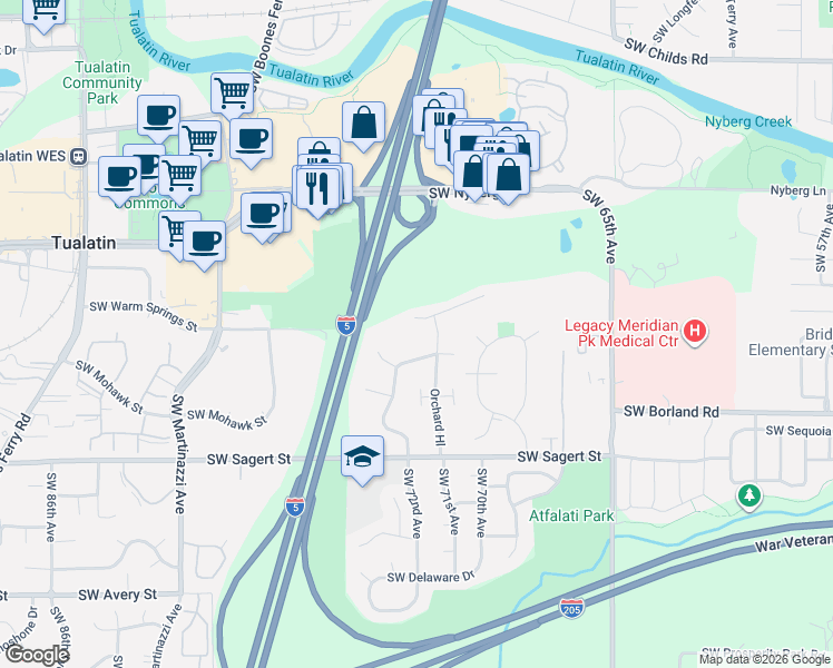 map of restaurants, bars, coffee shops, grocery stores, and more near 7165 Southwest Sagert Street in Tualatin