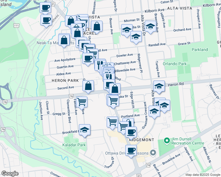 map of restaurants, bars, coffee shops, grocery stores, and more near 1581 Bank Street in Ottawa