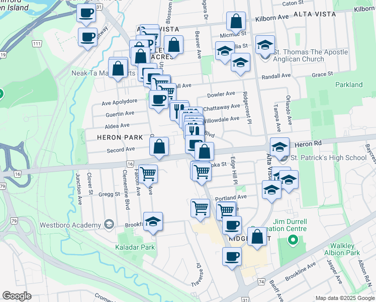 map of restaurants, bars, coffee shops, grocery stores, and more near 1581 Bank Street in Ottawa