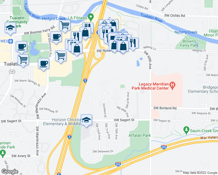 map of restaurants, bars, coffee shops, grocery stores, and more near 7149 Southwest Sagert Street in Tualatin