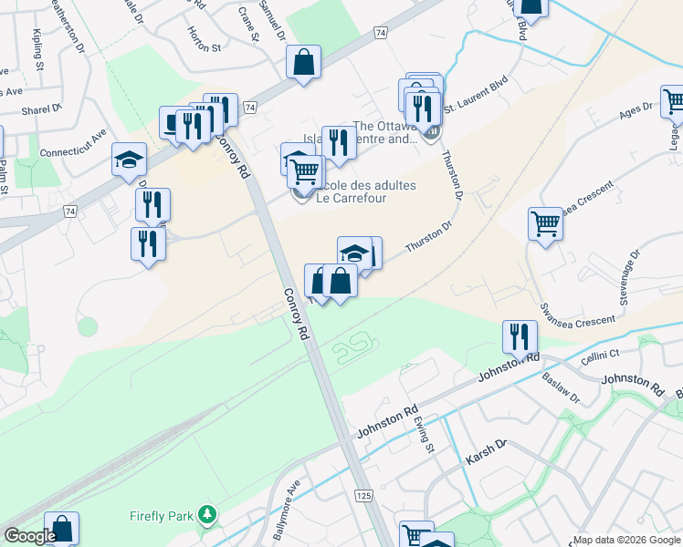 map of restaurants, bars, coffee shops, grocery stores, and more near 2141 Thurston Drive in Ottawa