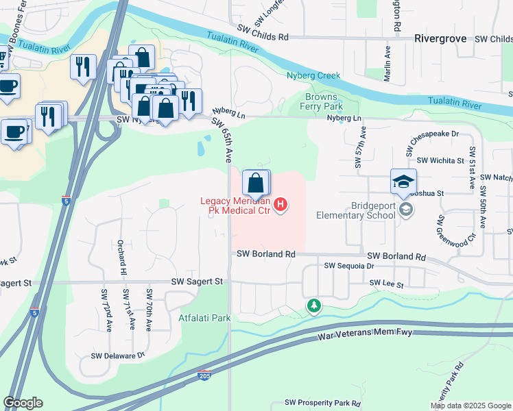 map of restaurants, bars, coffee shops, grocery stores, and more near 19250 Southwest 65th Avenue in Tualatin