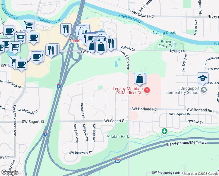 map of restaurants, bars, coffee shops, grocery stores, and more near 68th Avenue in Tualatin