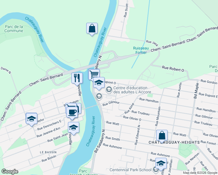 map of restaurants, bars, coffee shops, grocery stores, and more near 3 Place Dupont in Châteauguay