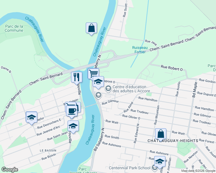 map of restaurants, bars, coffee shops, grocery stores, and more near 3 Place Dupont in Châteauguay