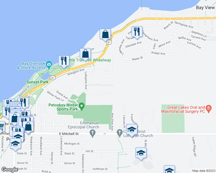 map of restaurants, bars, coffee shops, grocery stores, and more near 203 Lafayette Avenue in Petoskey