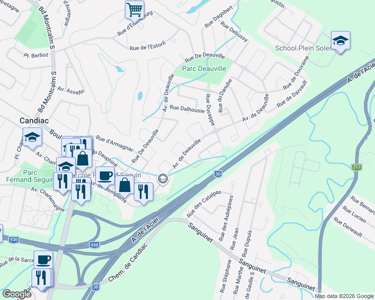 map of restaurants, bars, coffee shops, grocery stores, and more near 1 Rue Dozois in Candiac