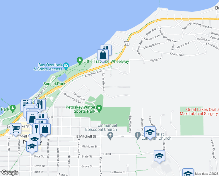 map of restaurants, bars, coffee shops, grocery stores, and more near 201 Lafayette Avenue in Petoskey
