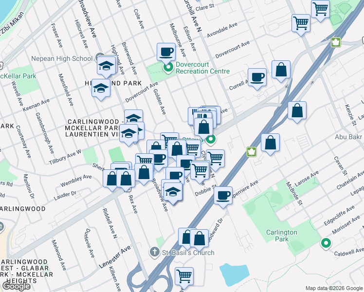 map of restaurants, bars, coffee shops, grocery stores, and more near 1707 Carling Avenue in Ottawa