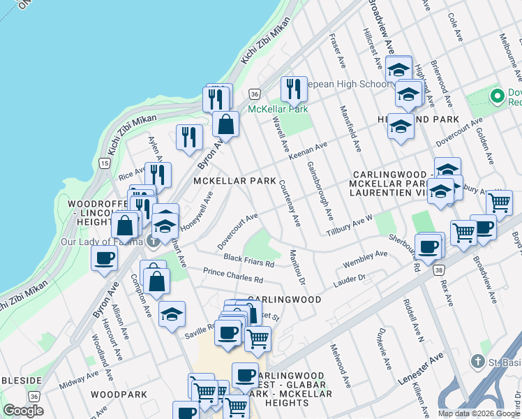 map of restaurants, bars, coffee shops, grocery stores, and more near 731 Dovercourt Avenue in Ottawa