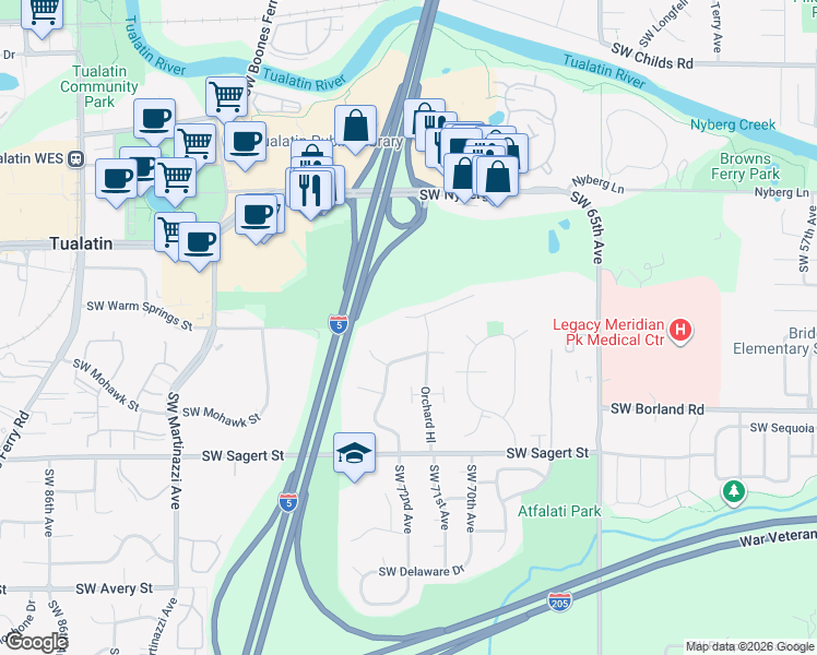 map of restaurants, bars, coffee shops, grocery stores, and more near 7165 Southwest Sagert Street in Tualatin