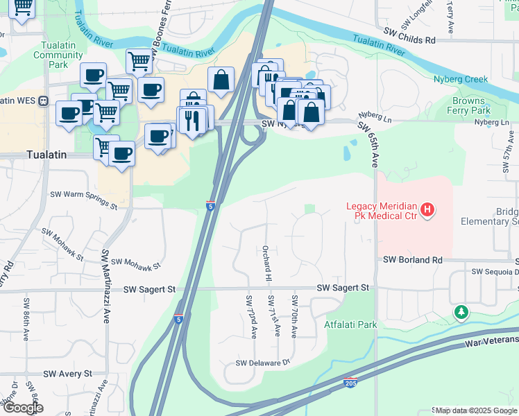 map of restaurants, bars, coffee shops, grocery stores, and more near 7167 Southwest Sagert Street in Tualatin