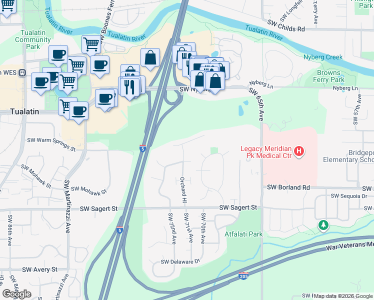 map of restaurants, bars, coffee shops, grocery stores, and more near 7151 Southwest Sagert Street in Tualatin