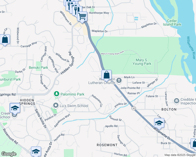 map of restaurants, bars, coffee shops, grocery stores, and more near 3833 Mohawk Way in West Linn