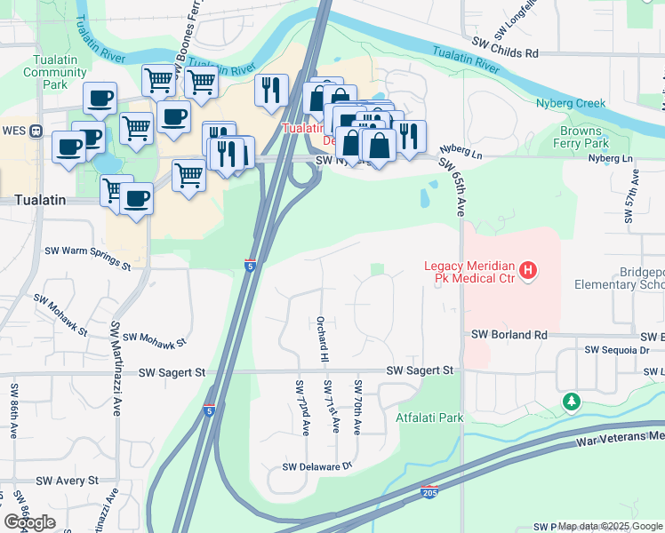 map of restaurants, bars, coffee shops, grocery stores, and more near 7157 Southwest Sagert Street in Tualatin