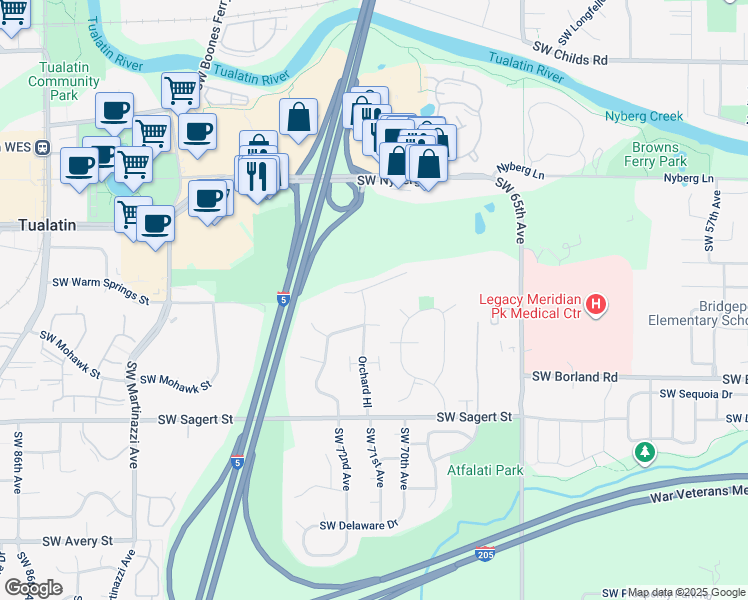 map of restaurants, bars, coffee shops, grocery stores, and more near 7165 Southwest Sagert Street in Tualatin