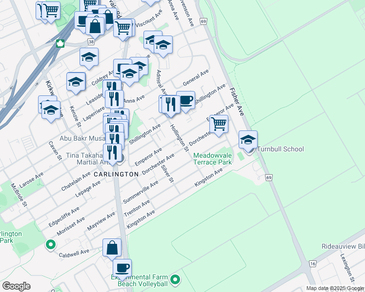 map of restaurants, bars, coffee shops, grocery stores, and more near in Ottawa