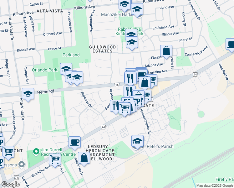 map of restaurants, bars, coffee shops, grocery stores, and more near 2826 Sandalwood Drive in Ottawa