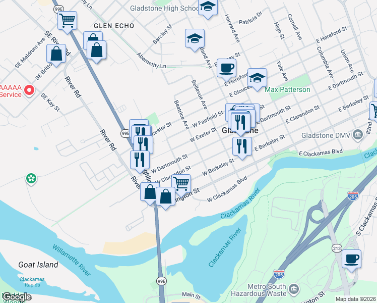 map of restaurants, bars, coffee shops, grocery stores, and more near 330 West Dartmouth Street in Gladstone