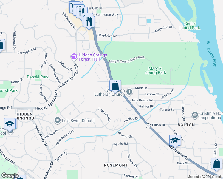 map of restaurants, bars, coffee shops, grocery stores, and more near 3833 Mohawk Way in West Linn