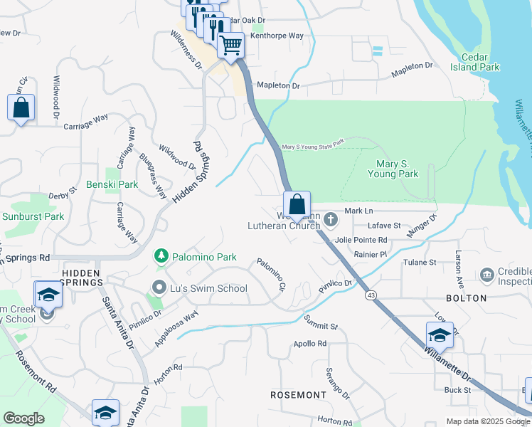 map of restaurants, bars, coffee shops, grocery stores, and more near 3702 Mohawk Way in West Linn