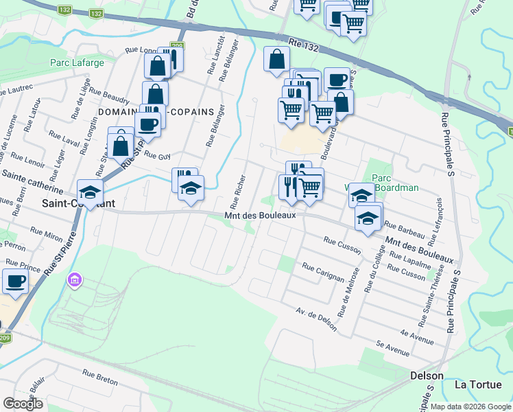 map of restaurants, bars, coffee shops, grocery stores, and more near 12 Rue Marchand in Saint-Constant