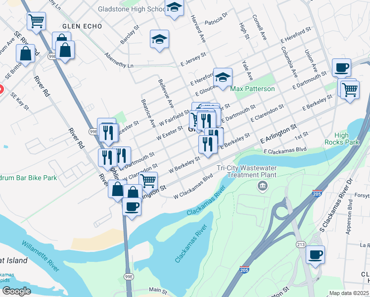 map of restaurants, bars, coffee shops, grocery stores, and more near 230 West Clarendon Street in Gladstone