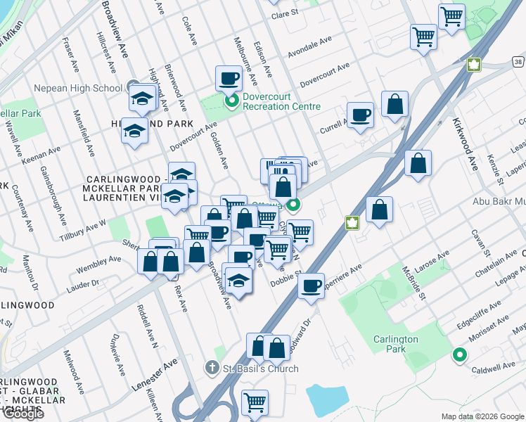 map of restaurants, bars, coffee shops, grocery stores, and more near 1699 Carling Avenue in Ottawa