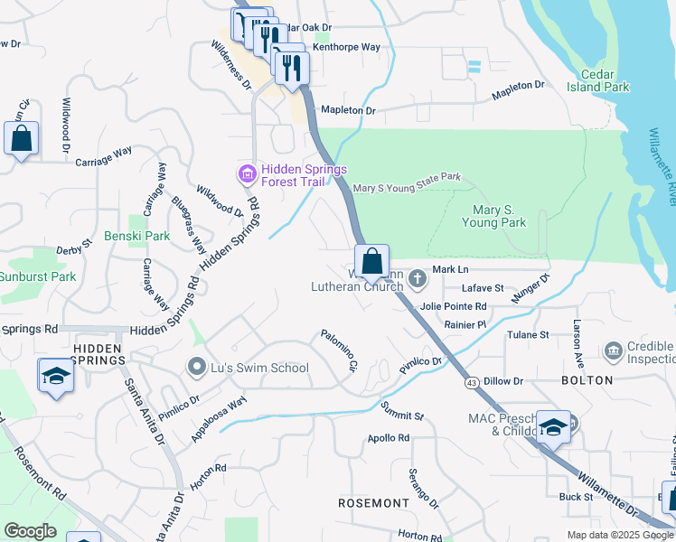 map of restaurants, bars, coffee shops, grocery stores, and more near 3702 Mohawk Way in West Linn