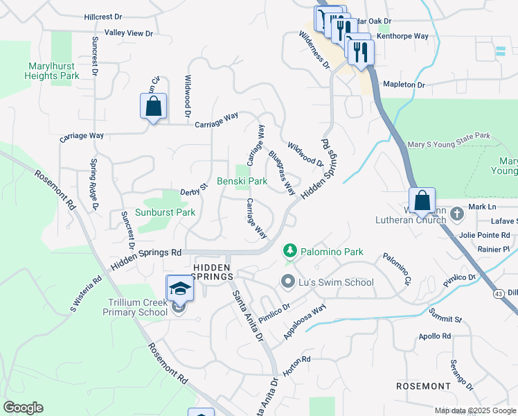 map of restaurants, bars, coffee shops, grocery stores, and more near 2936 Hunter Way in West Linn