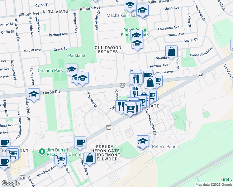 map of restaurants, bars, coffee shops, grocery stores, and more near 2816 Sandalwood Drive in Ottawa