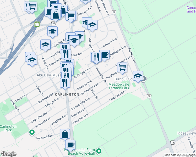 map of restaurants, bars, coffee shops, grocery stores, and more near 1230 Emperor Avenue in Ottawa