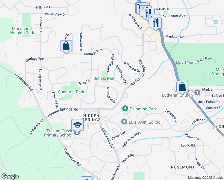 map of restaurants, bars, coffee shops, grocery stores, and more near 2936 Hunter Way in West Linn
