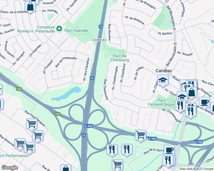 map of restaurants, bars, coffee shops, grocery stores, and more near Rue Cherbourg in Candiac