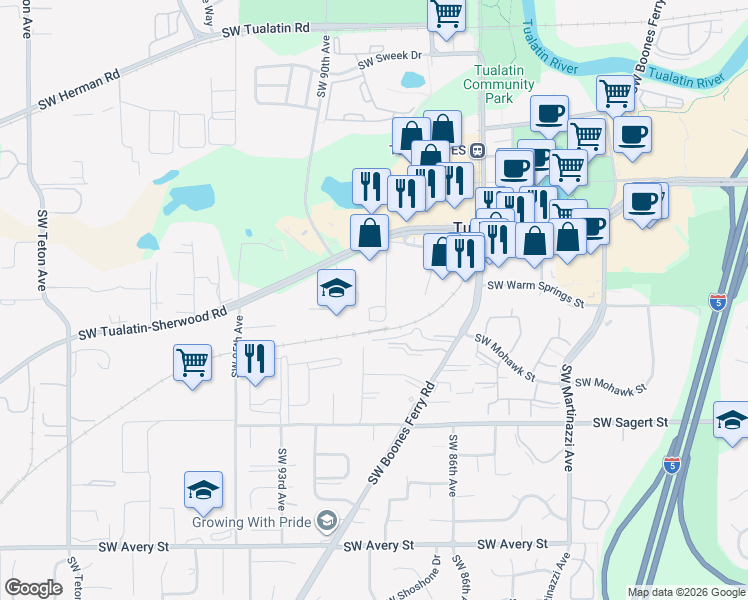 map of restaurants, bars, coffee shops, grocery stores, and more near 19461 Southwest 89th Avenue in Tualatin