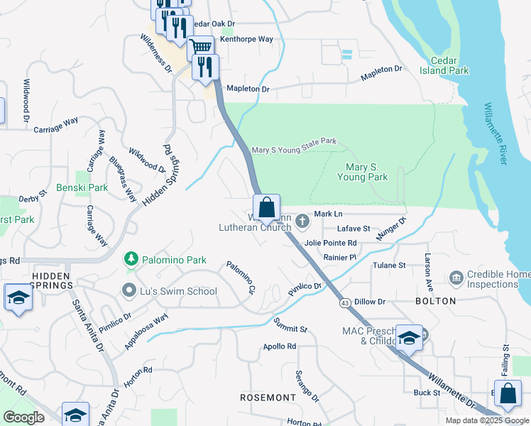 map of restaurants, bars, coffee shops, grocery stores, and more near 20050 Snowdrop Court in West Linn