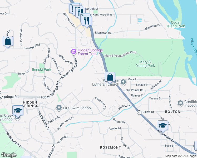 map of restaurants, bars, coffee shops, grocery stores, and more near 20070 Larkspur Lane in West Linn