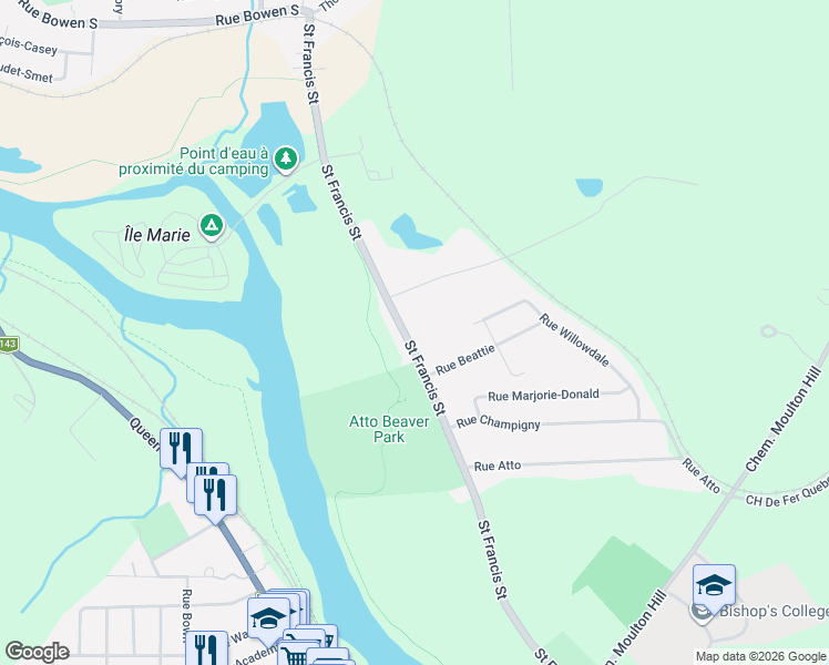map of restaurants, bars, coffee shops, grocery stores, and more near 160 Rue Saint Francis in Sherbrooke