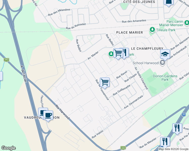 map of restaurants, bars, coffee shops, grocery stores, and more near 302 Rue de Tonnancour in Vaudreuil-Dorion
